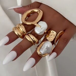 Gold Sculpted Pearl Statement Ring Set